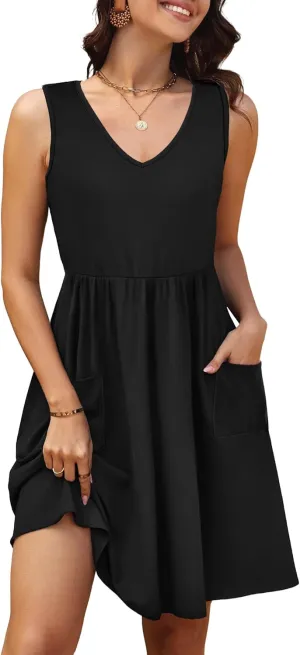 Summer Casual Midi Dresses for Women 2025 Vacation- Womens Sleeveless Knee Length Sundress with Pockets Loose Fit
