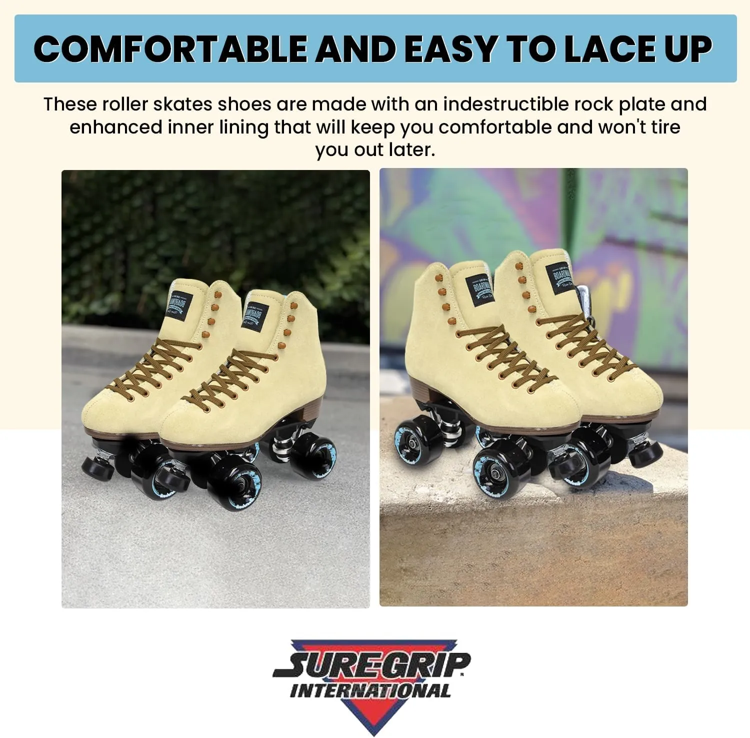 Sure-Grip Boardwalk Unisex Outdoor Roller Skates - Retro Boots with Suede Leather & Rubber - ABEC 3 Bearings & Aluminum Trucks - Boardwalk 82A Outdoor Wheels