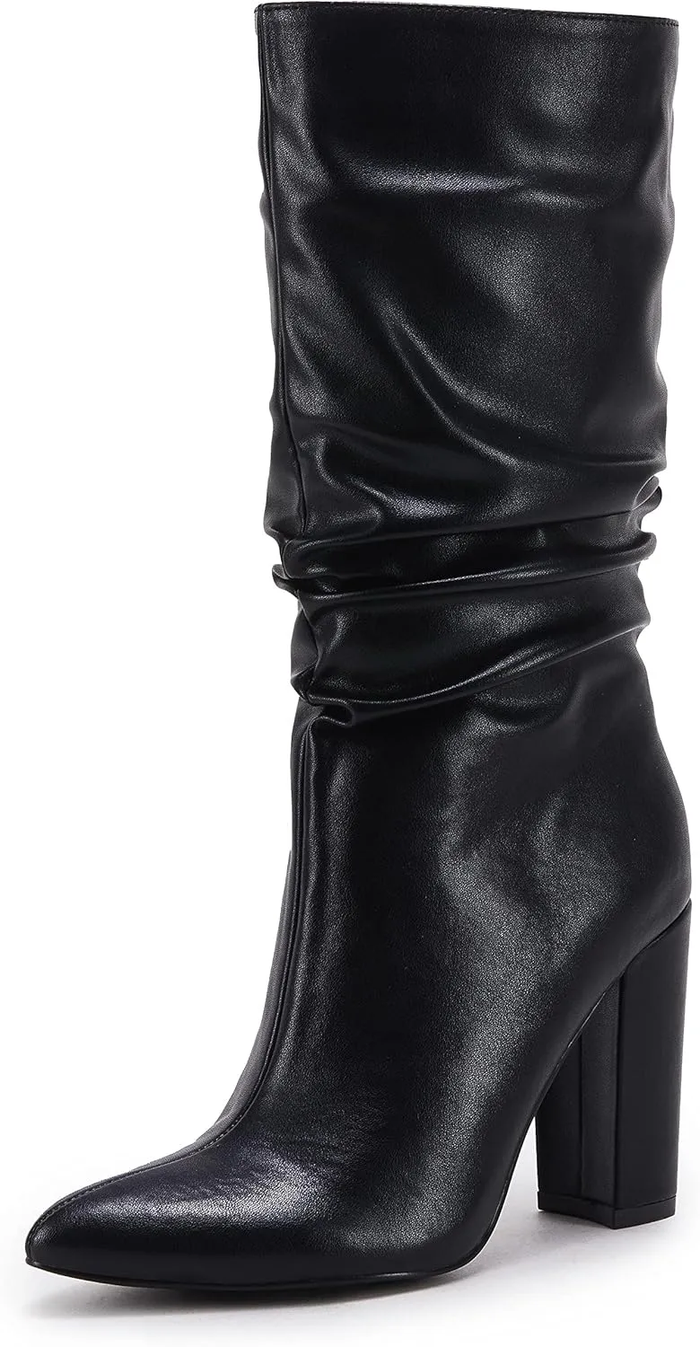 Syktkmx Womens Winter Slouchy High Heel Boots Mid Calf Suede Slip on Chunky Block Pointed Toe Boots