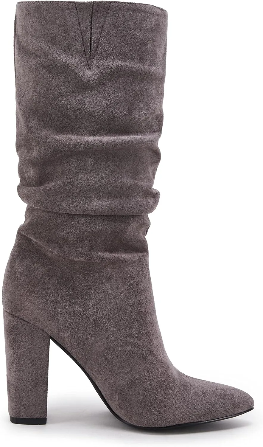 Syktkmx Womens Winter Slouchy High Heel Boots Mid Calf Suede Slip on Chunky Block Pointed Toe Boots