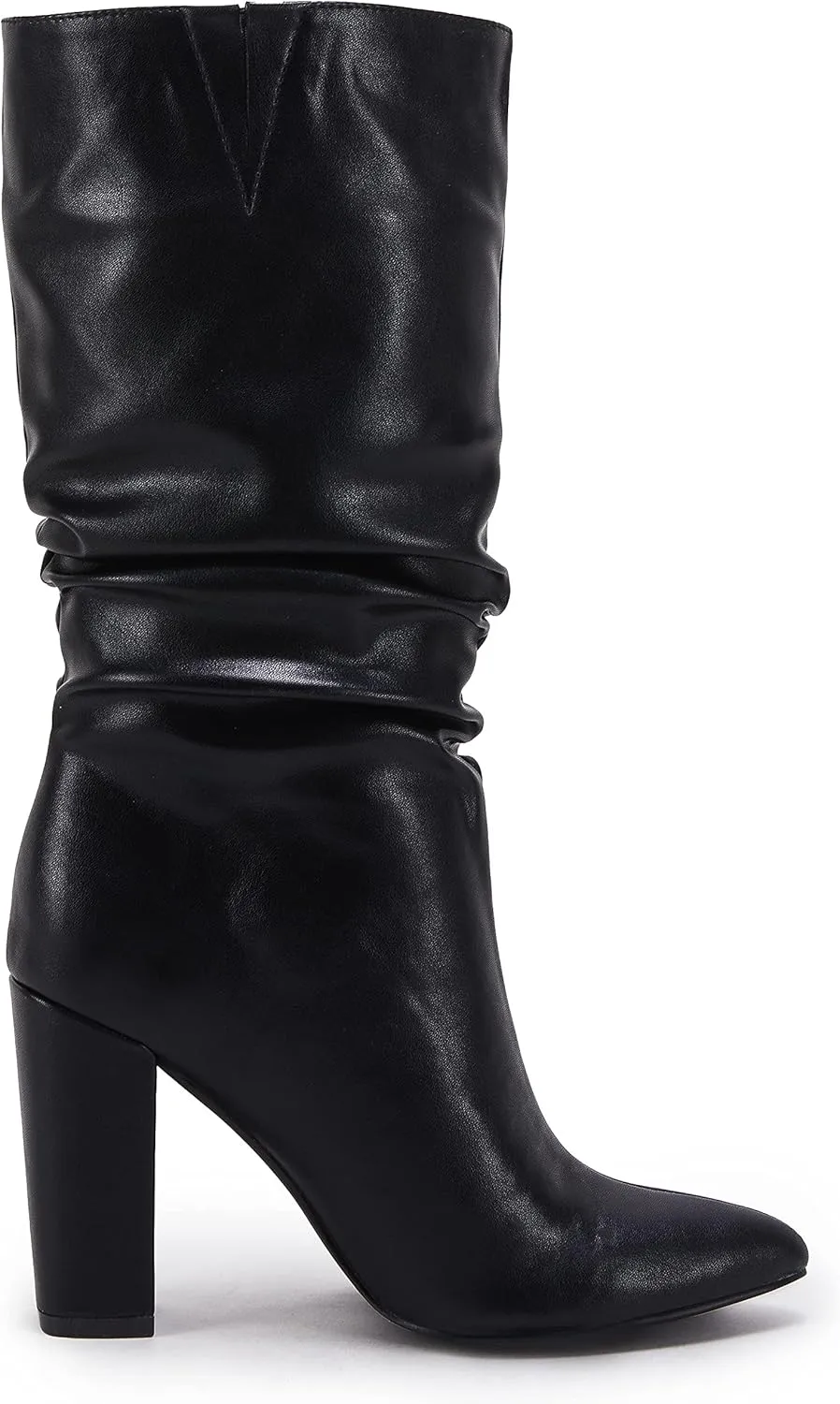 Syktkmx Womens Winter Slouchy High Heel Boots Mid Calf Suede Slip on Chunky Block Pointed Toe Boots