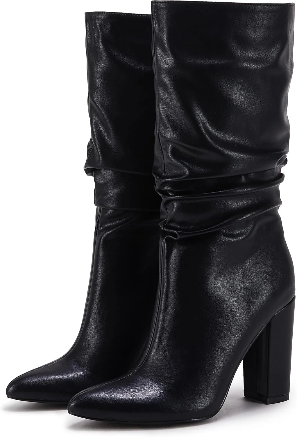 Syktkmx Womens Winter Slouchy High Heel Boots Mid Calf Suede Slip on Chunky Block Pointed Toe Boots