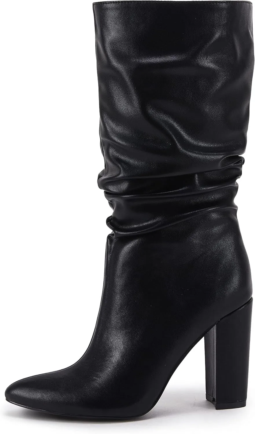Syktkmx Womens Winter Slouchy High Heel Boots Mid Calf Suede Slip on Chunky Block Pointed Toe Boots