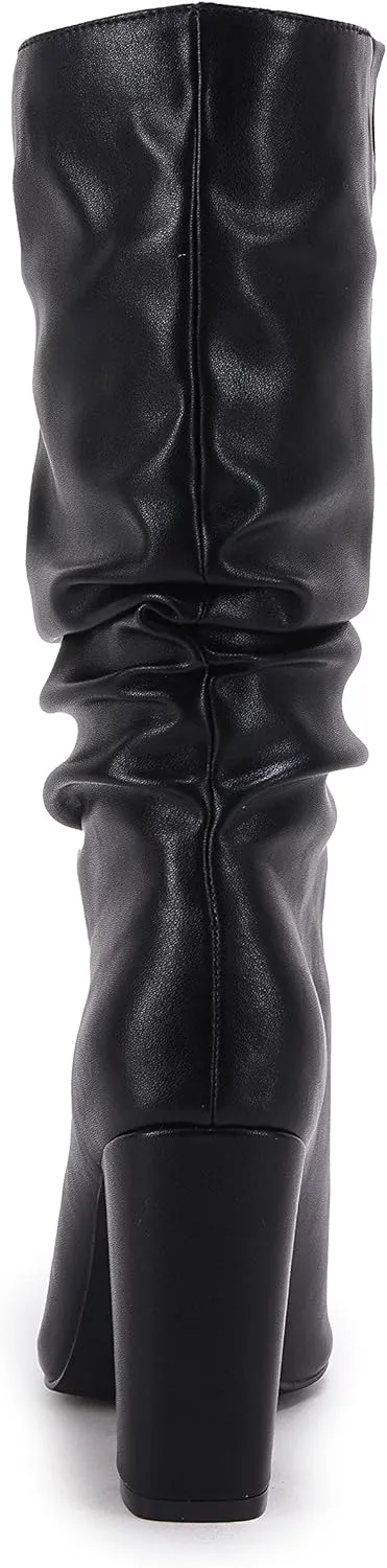 Syktkmx Womens Winter Slouchy High Heel Boots Mid Calf Suede Slip on Chunky Block Pointed Toe Boots
