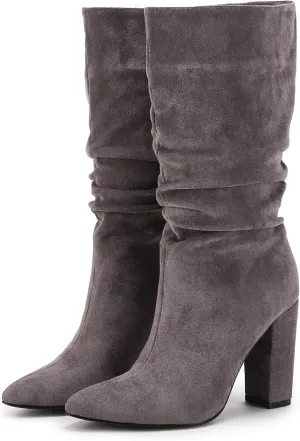 Syktkmx Womens Winter Slouchy High Heel Boots Mid Calf Suede Slip on Chunky Block Pointed Toe Boots