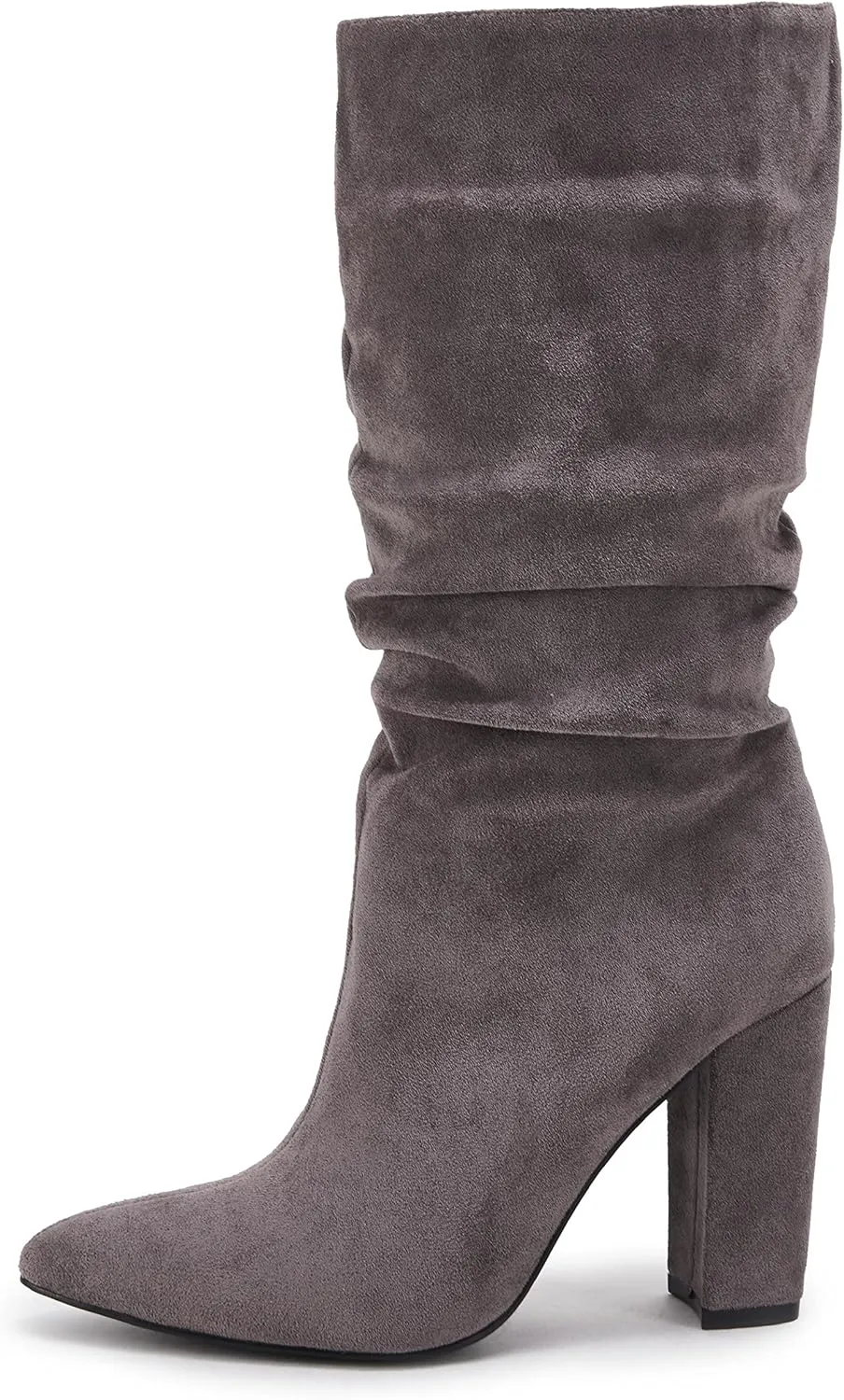 Syktkmx Womens Winter Slouchy High Heel Boots Mid Calf Suede Slip on Chunky Block Pointed Toe Boots