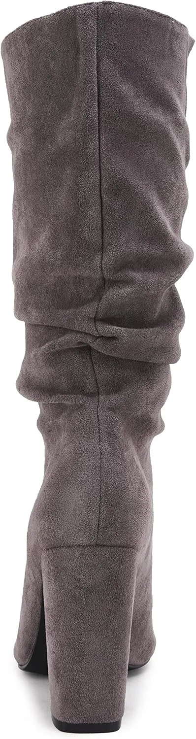 Syktkmx Womens Winter Slouchy High Heel Boots Mid Calf Suede Slip on Chunky Block Pointed Toe Boots