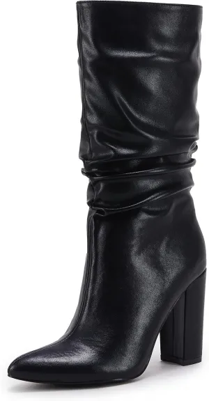 Syktkmx Womens Winter Slouchy High Heel Boots Mid Calf Suede Slip on Chunky Block Pointed Toe Boots