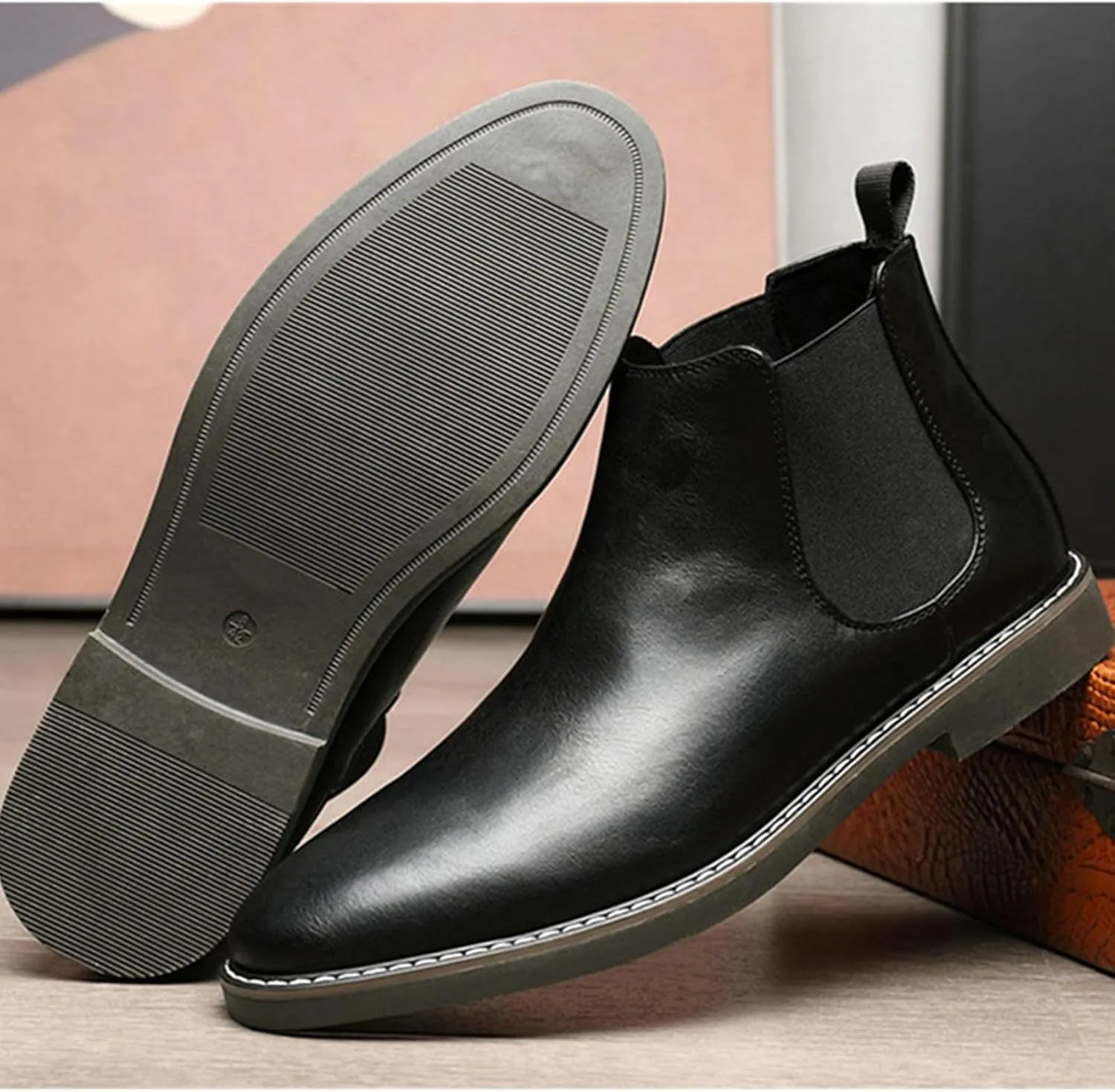 SywzX&xfybz Men's Chelsea Boots Classic Elastic Dress Boots Casual Men's Leather Chelsea Ankle Boots