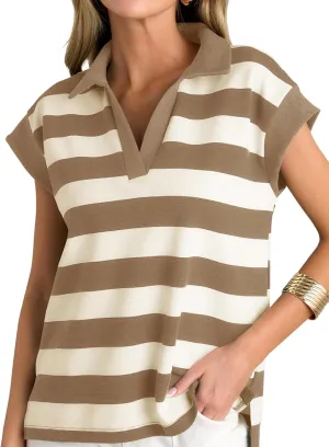 Tankaneo Womens Oversized Short Sleeve Sweatshirt Summer V Neck Tops Casual Striped Polo Shirts Loose Fit Blouses