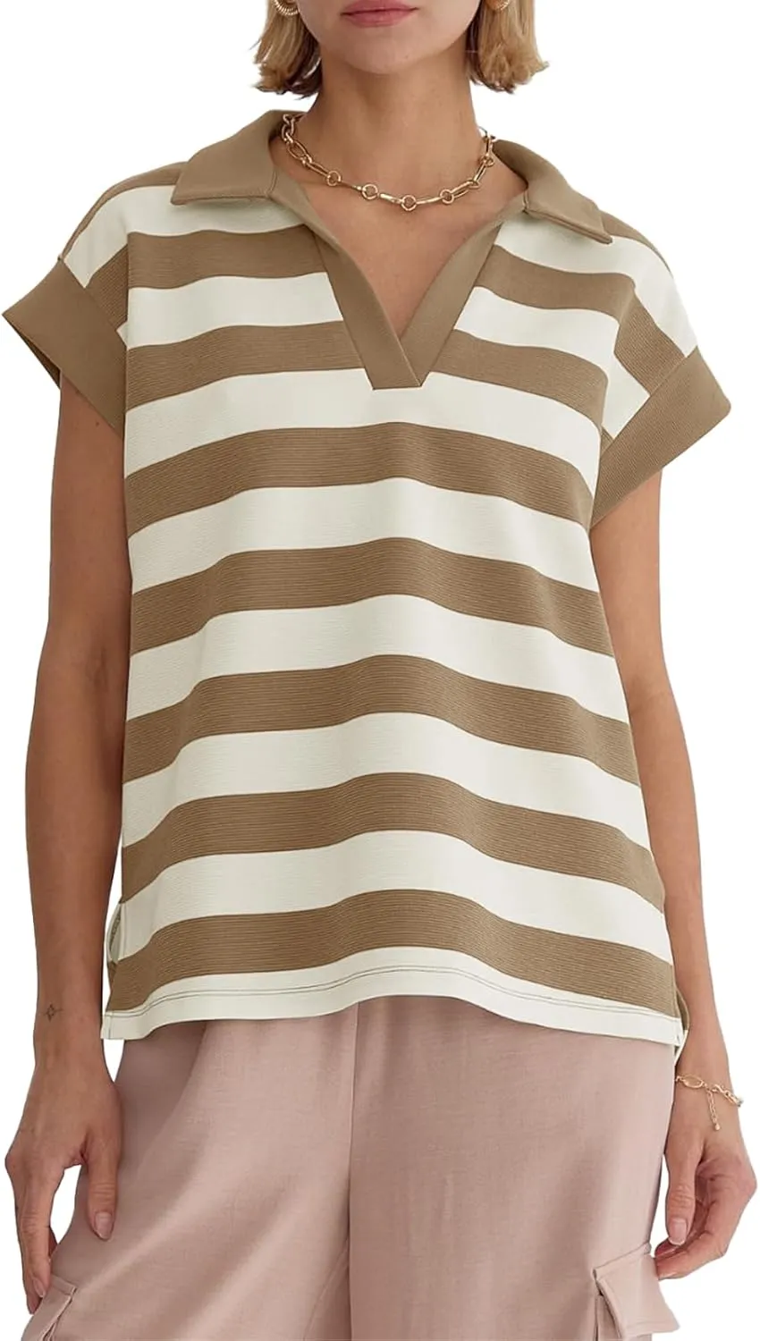 Tankaneo Womens Oversized Short Sleeve Sweatshirt Summer V Neck Tops Casual Striped Polo Shirts Loose Fit Blouses