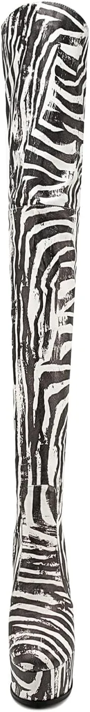Thigh high boots Women's leopard Zebra Print Striped stretch Stiletto heel Platform Newspaper Over the knee Round toe Side back zipper Sexy unisex high heels