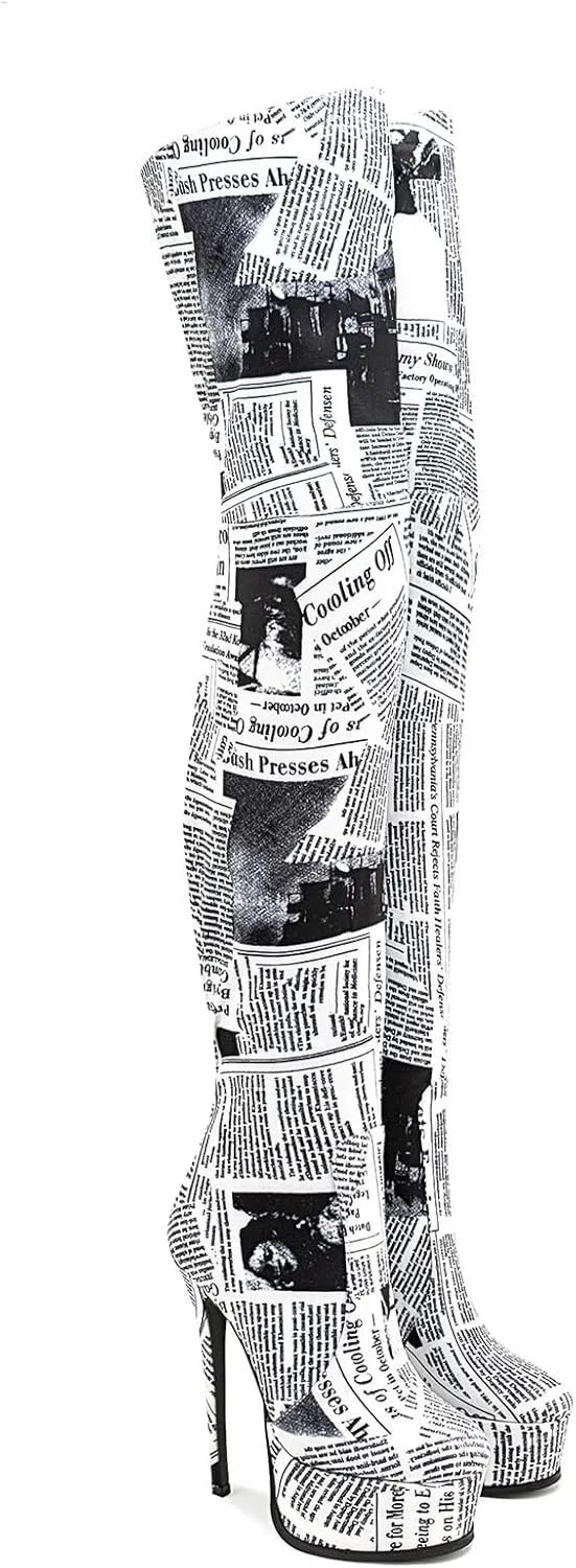 Thigh high boots Women's leopard Zebra Print Striped stretch Stiletto heel Platform Newspaper Over the knee Round toe Side back zipper Sexy unisex high heels