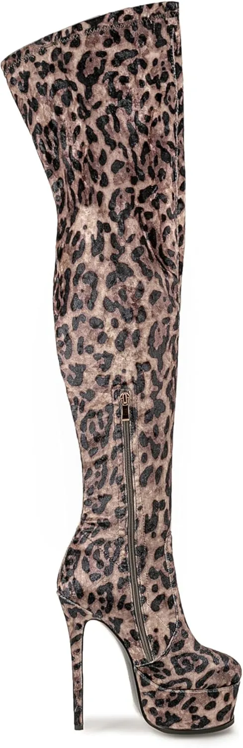 Thigh high boots Women's leopard Zebra Print Striped stretch Stiletto heel Platform Newspaper Over the knee Round toe Side back zipper Sexy unisex high heels