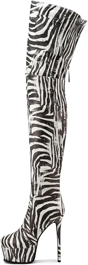 Thigh high boots Women's leopard Zebra Print Striped stretch Stiletto heel Platform Newspaper Over the knee Round toe Side back zipper Sexy unisex high heels