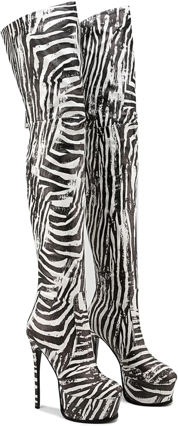 Thigh high boots Women's leopard Zebra Print Striped stretch Stiletto heel Platform Newspaper Over the knee Round toe Side back zipper Sexy unisex high heels