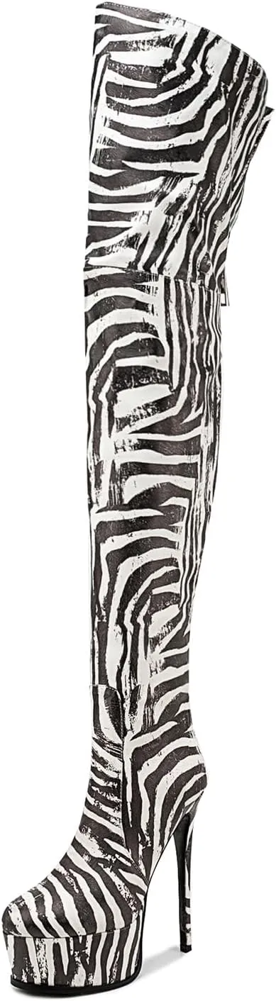 Thigh high boots Women's leopard Zebra Print Striped stretch Stiletto heel Platform Newspaper Over the knee Round toe Side back zipper Sexy unisex high heels