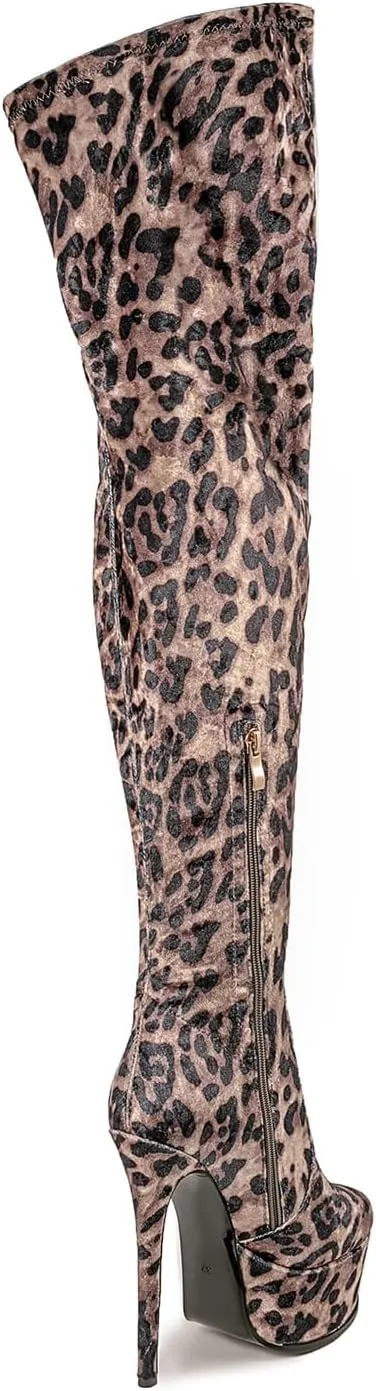Thigh high boots Women's leopard Zebra Print Striped stretch Stiletto heel Platform Newspaper Over the knee Round toe Side back zipper Sexy unisex high heels
