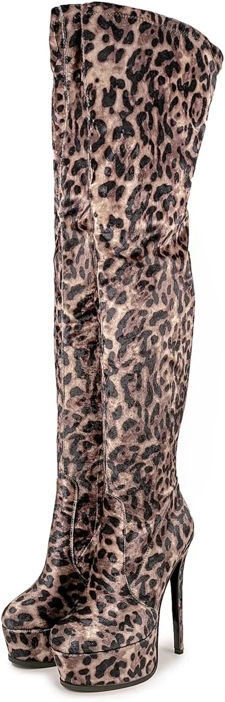 Thigh high boots Women's leopard Zebra Print Striped stretch Stiletto heel Platform Newspaper Over the knee Round toe Side back zipper Sexy unisex high heels