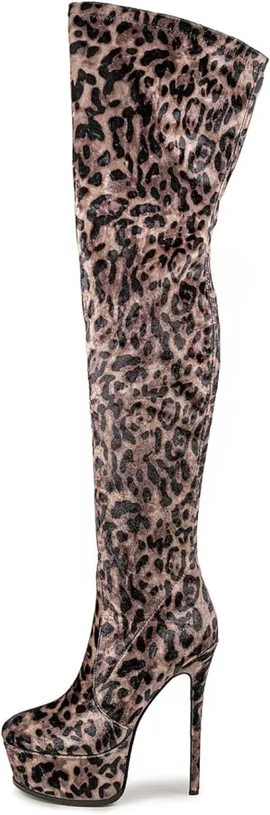 Thigh high boots Women's leopard Zebra Print Striped stretch Stiletto heel Platform Newspaper Over the knee Round toe Side back zipper Sexy unisex high heels