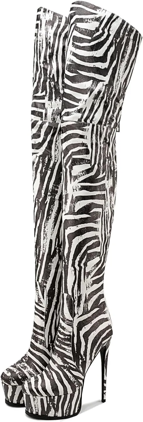 Thigh high boots Women's leopard Zebra Print Striped stretch Stiletto heel Platform Newspaper Over the knee Round toe Side back zipper Sexy unisex high heels