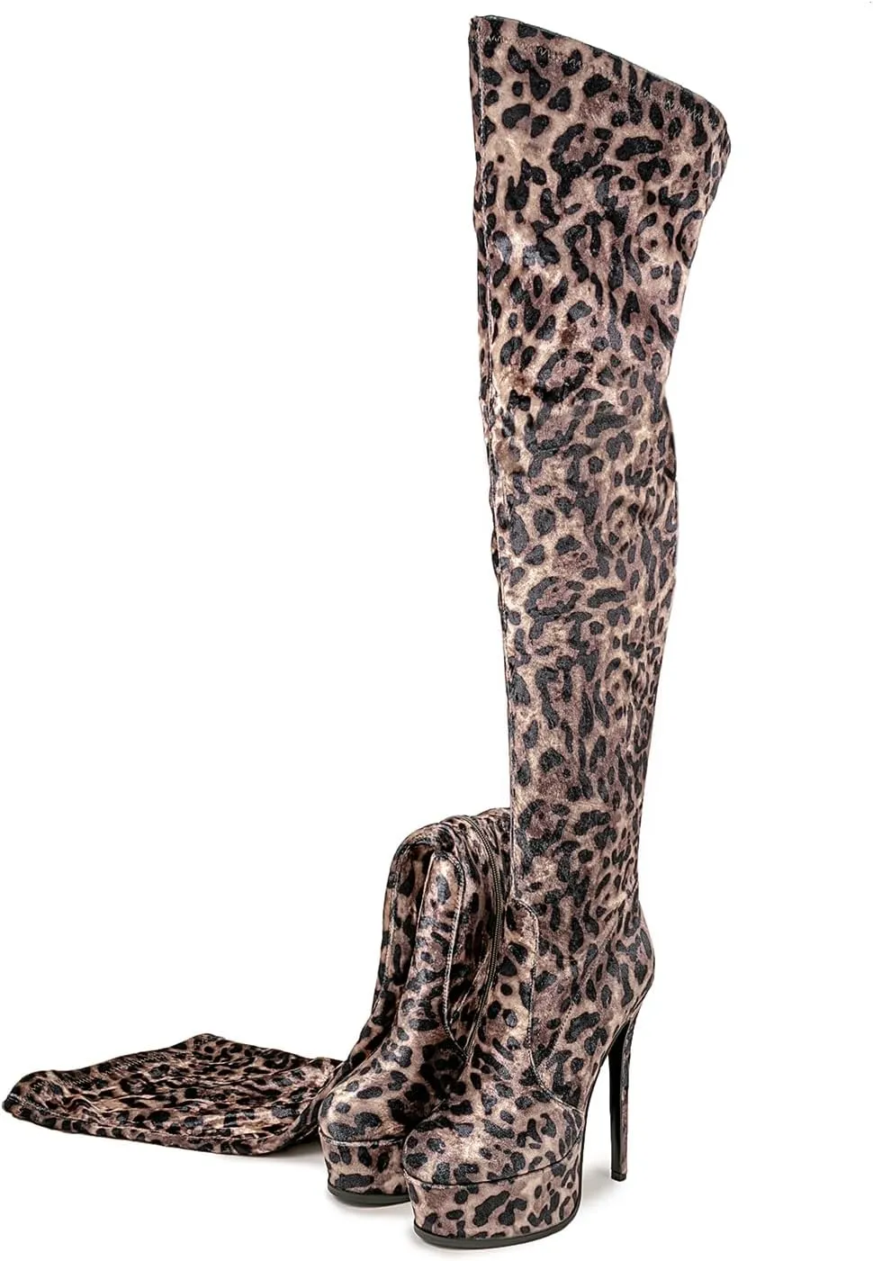 Thigh high boots Women's leopard Zebra Print Striped stretch Stiletto heel Platform Newspaper Over the knee Round toe Side back zipper Sexy unisex high heels