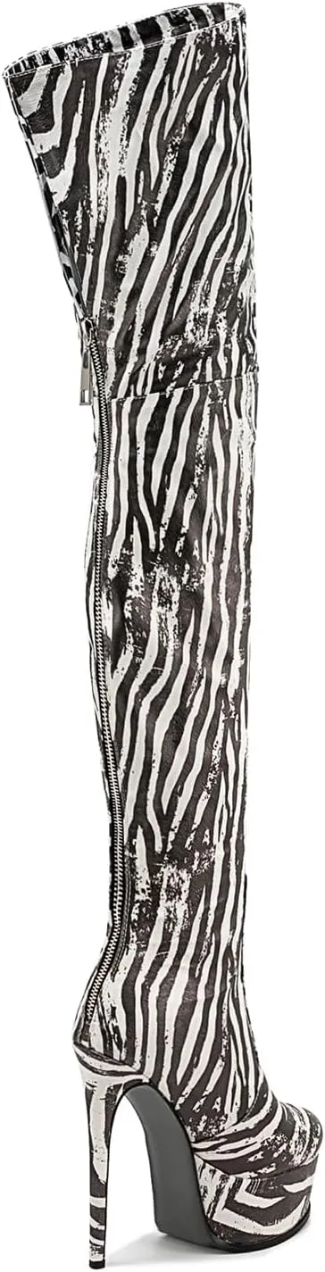 Thigh high boots Women's leopard Zebra Print Striped stretch Stiletto heel Platform Newspaper Over the knee Round toe Side back zipper Sexy unisex high heels