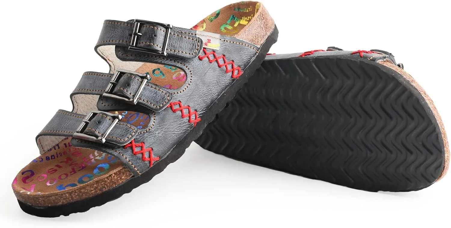 TMA EYES Women's hand stitching Open Toe Footbed Sandals Leather Lightweight Casual Slippers