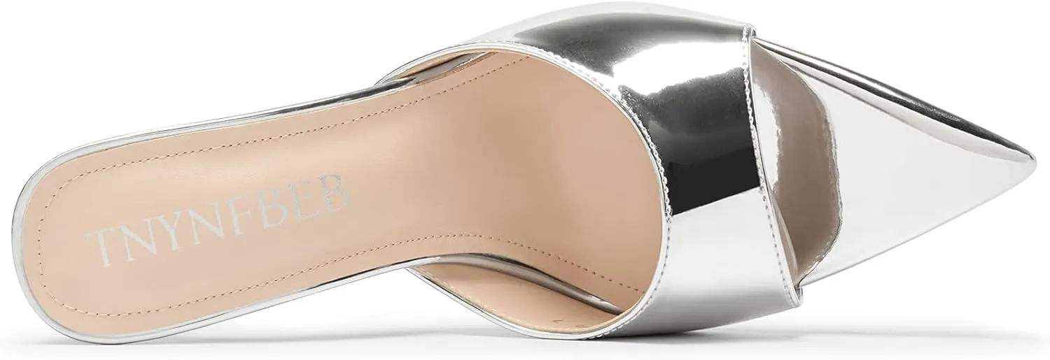 TNYNFBEB Womens Stiletto High Peep Open Pointed Toe Sandals Mules Shoes Slip-on Slingback Office Party Dress Patent Leather Summer 3.9 Inches Heels