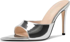 TNYNFBEB Womens Stiletto High Peep Open Pointed Toe Sandals Mules Shoes Slip-on Slingback Office Party Dress Patent Leather Summer 3.9 Inches Heels