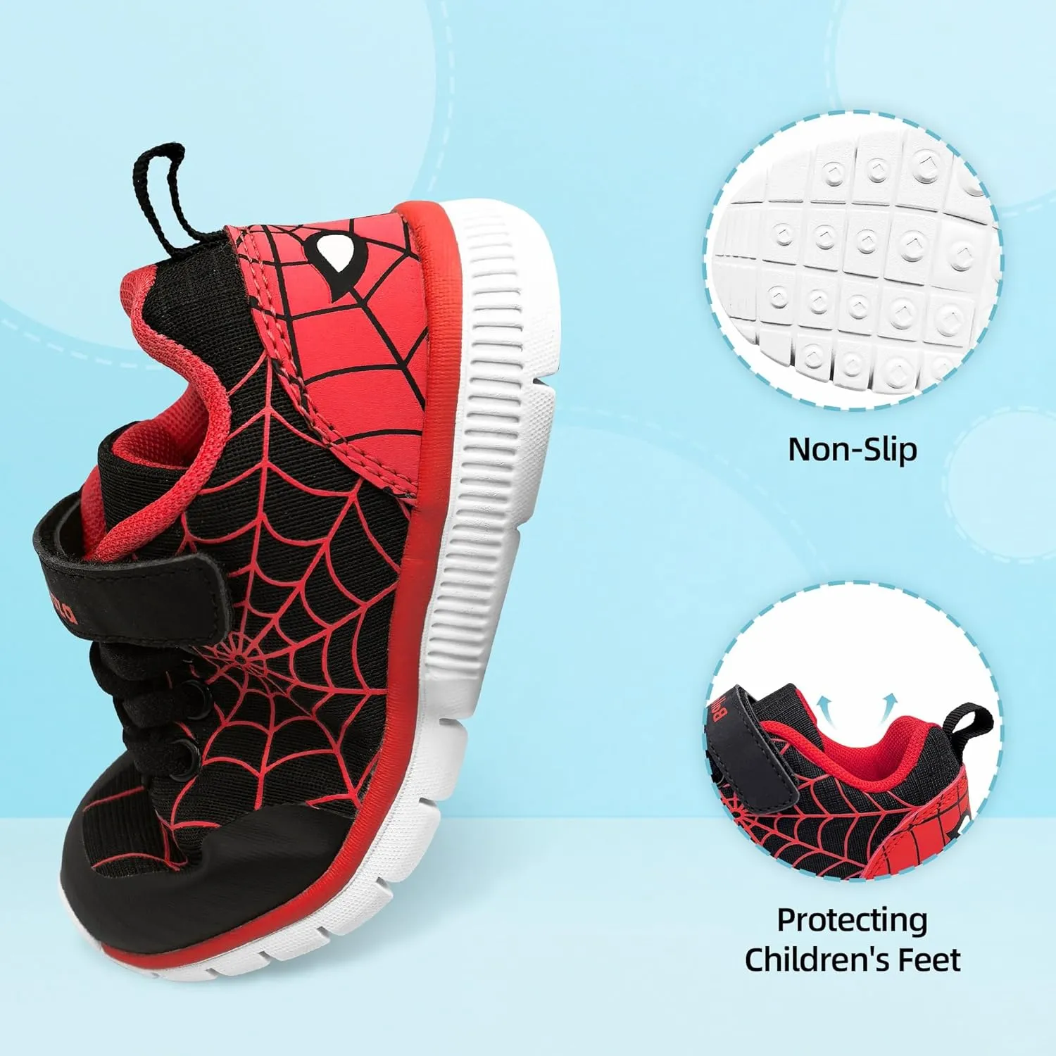 Toddler Kid Spider Design Sneakers with Non-Slip Sole, Breathable Mesh, and Hook-and-Loop Closure