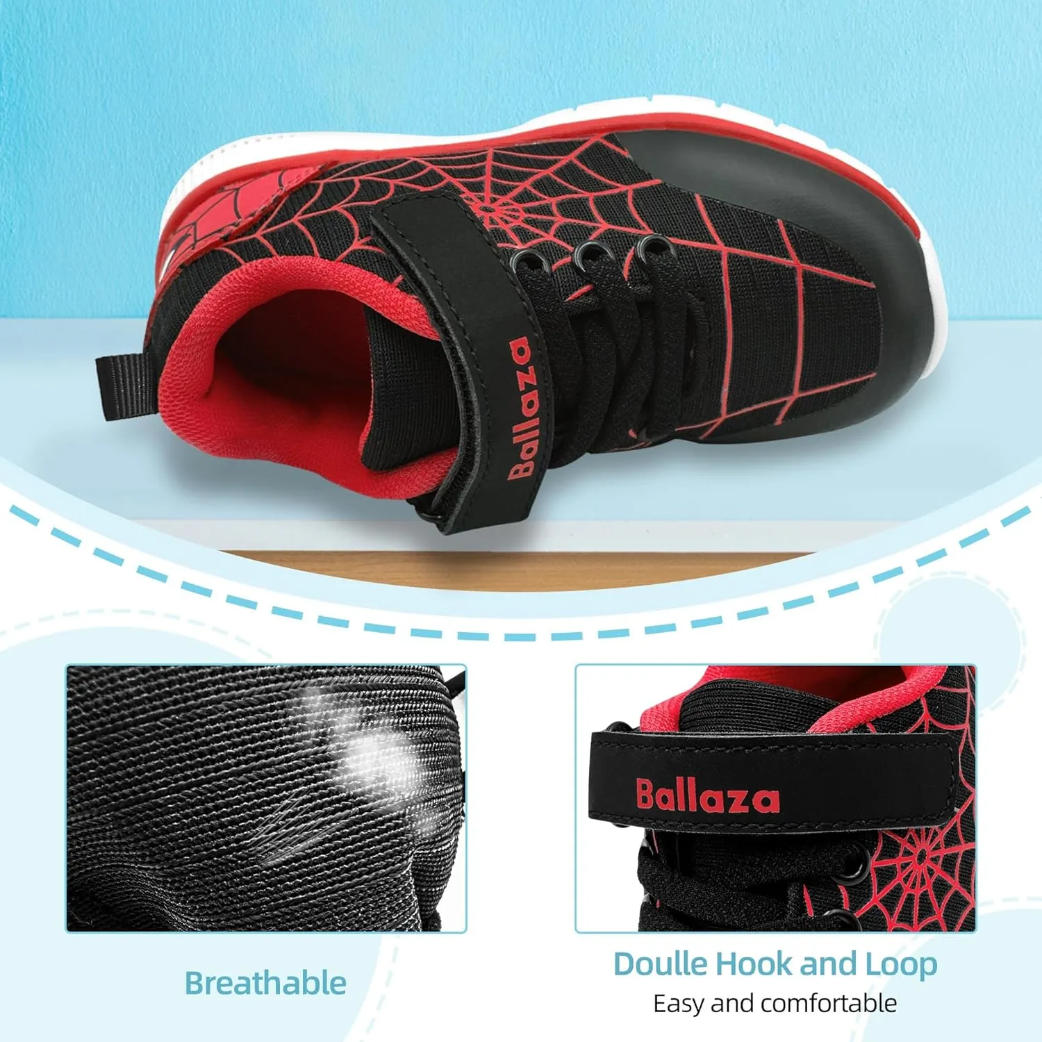 Toddler Kid Spider Design Sneakers with Non-Slip Sole, Breathable Mesh, and Hook-and-Loop Closure