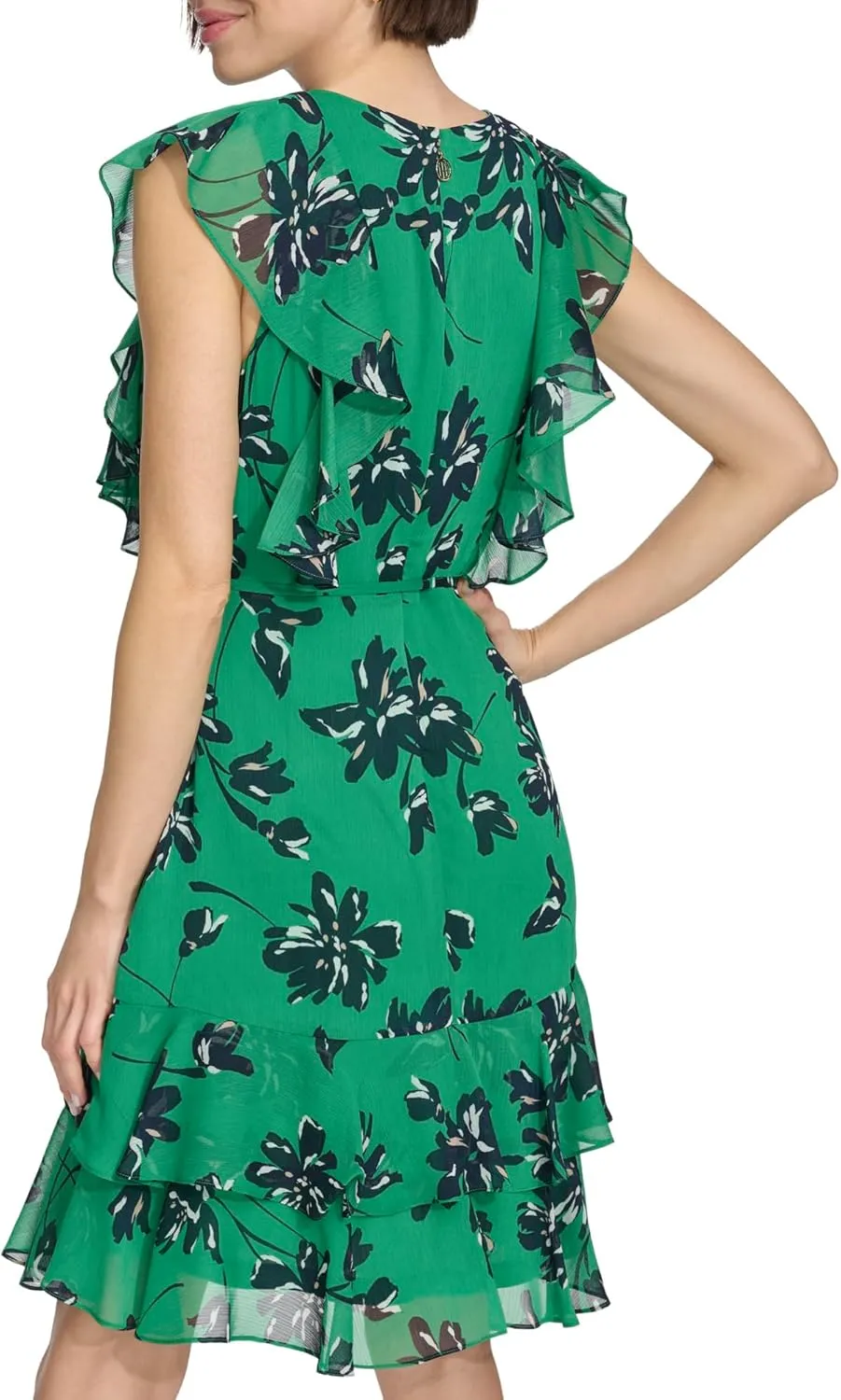 Tommy Hilfiger Women's Fit and Flare Ruffle Sleeve Chiffon Dress