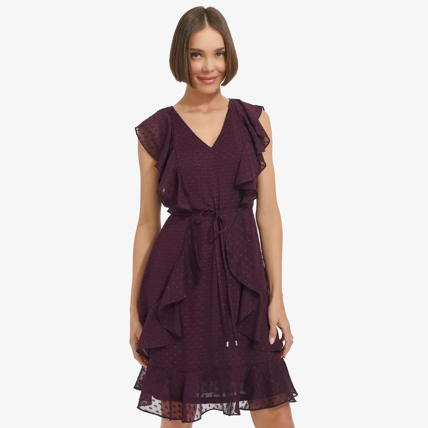 Tommy Hilfiger Women's Fit and Flare Ruffle Sleeve Chiffon Dress