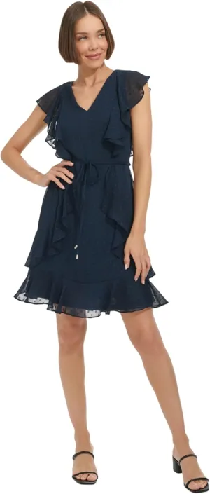 Tommy Hilfiger Women's Fit and Flare Ruffle Sleeve Chiffon Dress