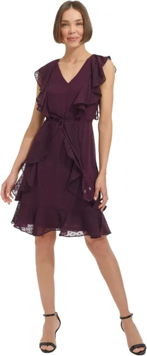 Tommy Hilfiger Women's Fit and Flare Ruffle Sleeve Chiffon Dress