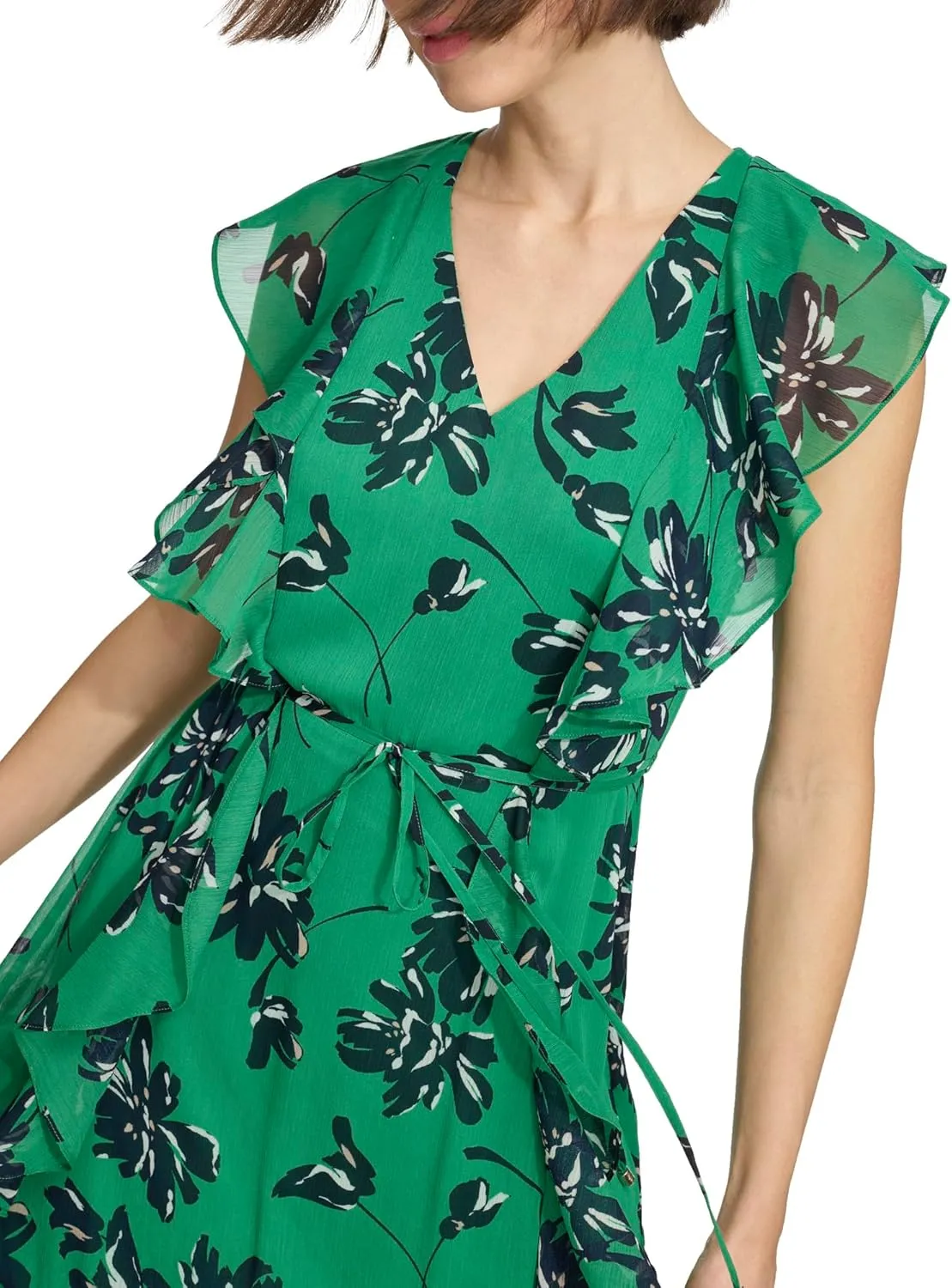 Tommy Hilfiger Women's Fit and Flare Ruffle Sleeve Chiffon Dress
