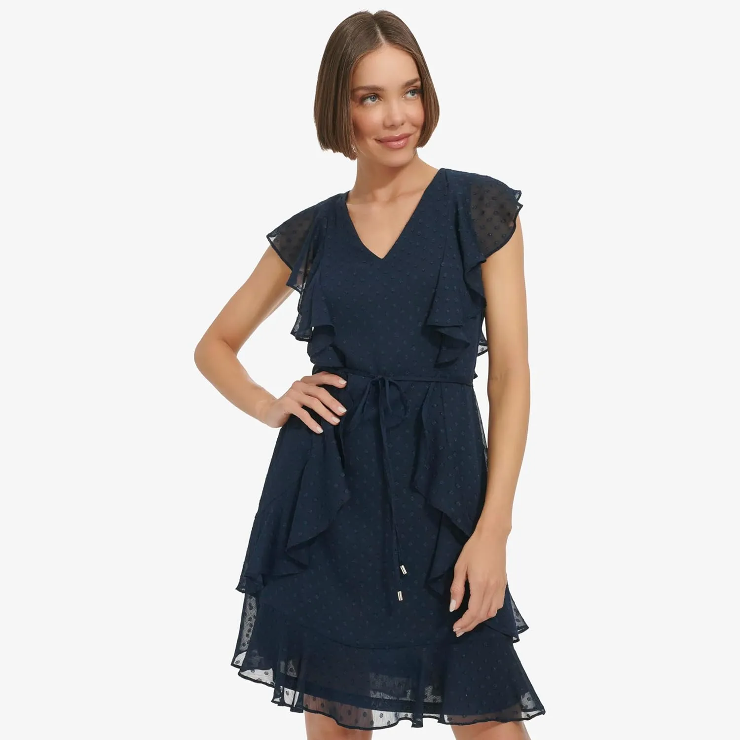 Tommy Hilfiger Women's Fit and Flare Ruffle Sleeve Chiffon Dress
