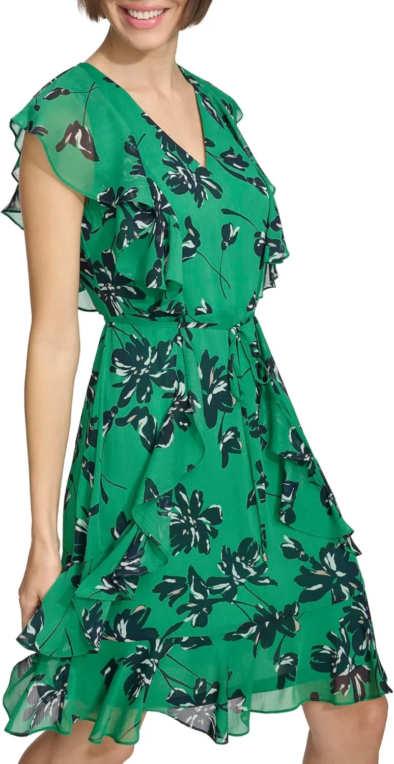 Tommy Hilfiger Women's Fit and Flare Ruffle Sleeve Chiffon Dress