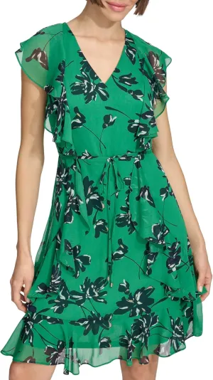 Tommy Hilfiger Women's Fit and Flare Ruffle Sleeve Chiffon Dress