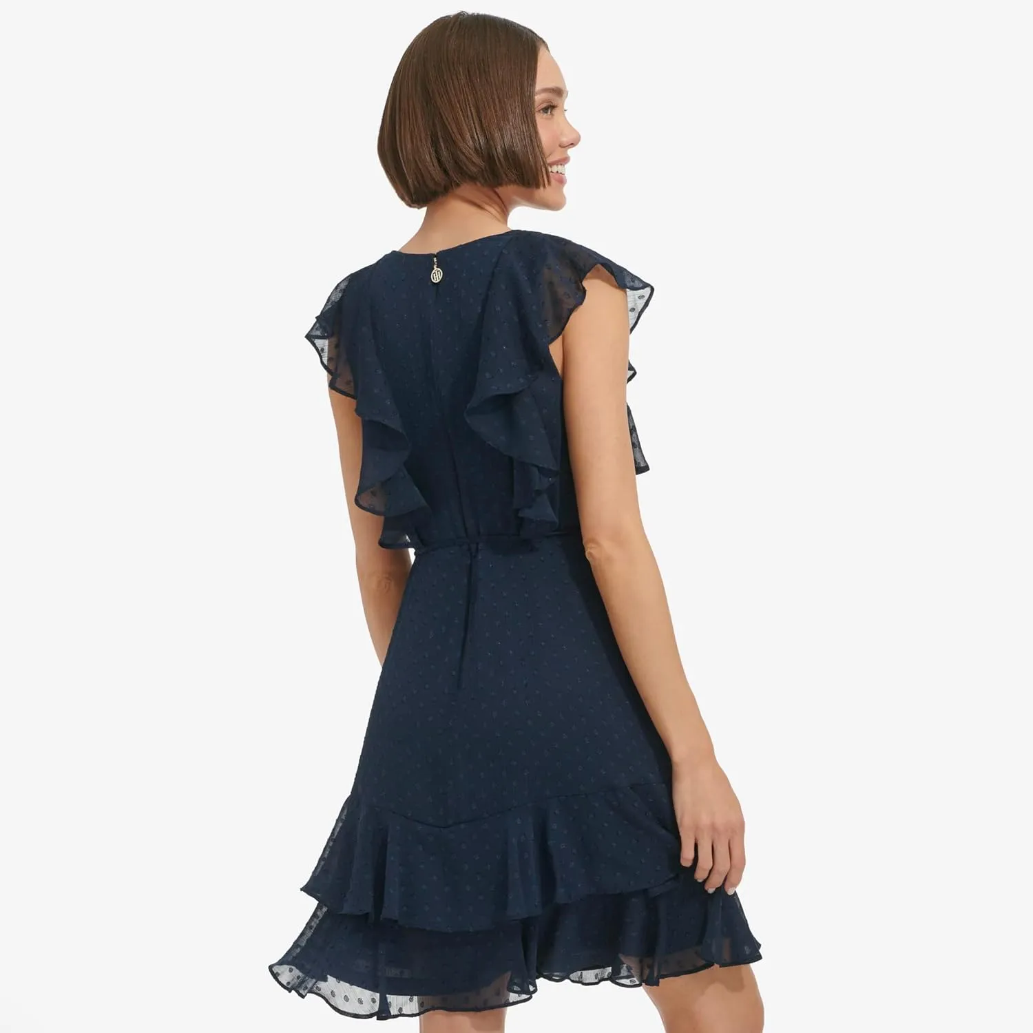 Tommy Hilfiger Women's Fit and Flare Ruffle Sleeve Chiffon Dress