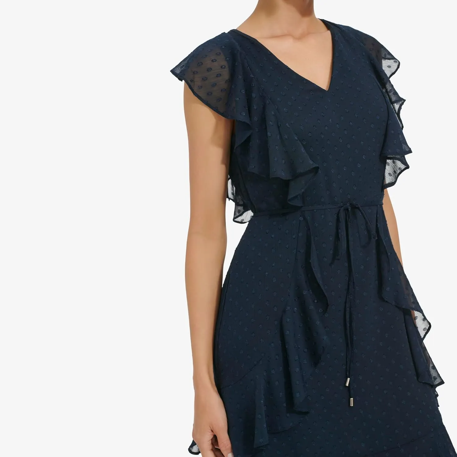 Tommy Hilfiger Women's Fit and Flare Ruffle Sleeve Chiffon Dress