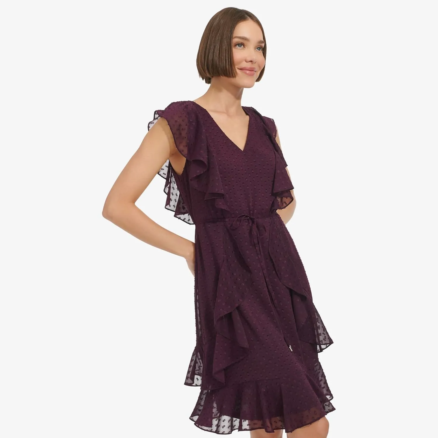 Tommy Hilfiger Women's Fit and Flare Ruffle Sleeve Chiffon Dress
