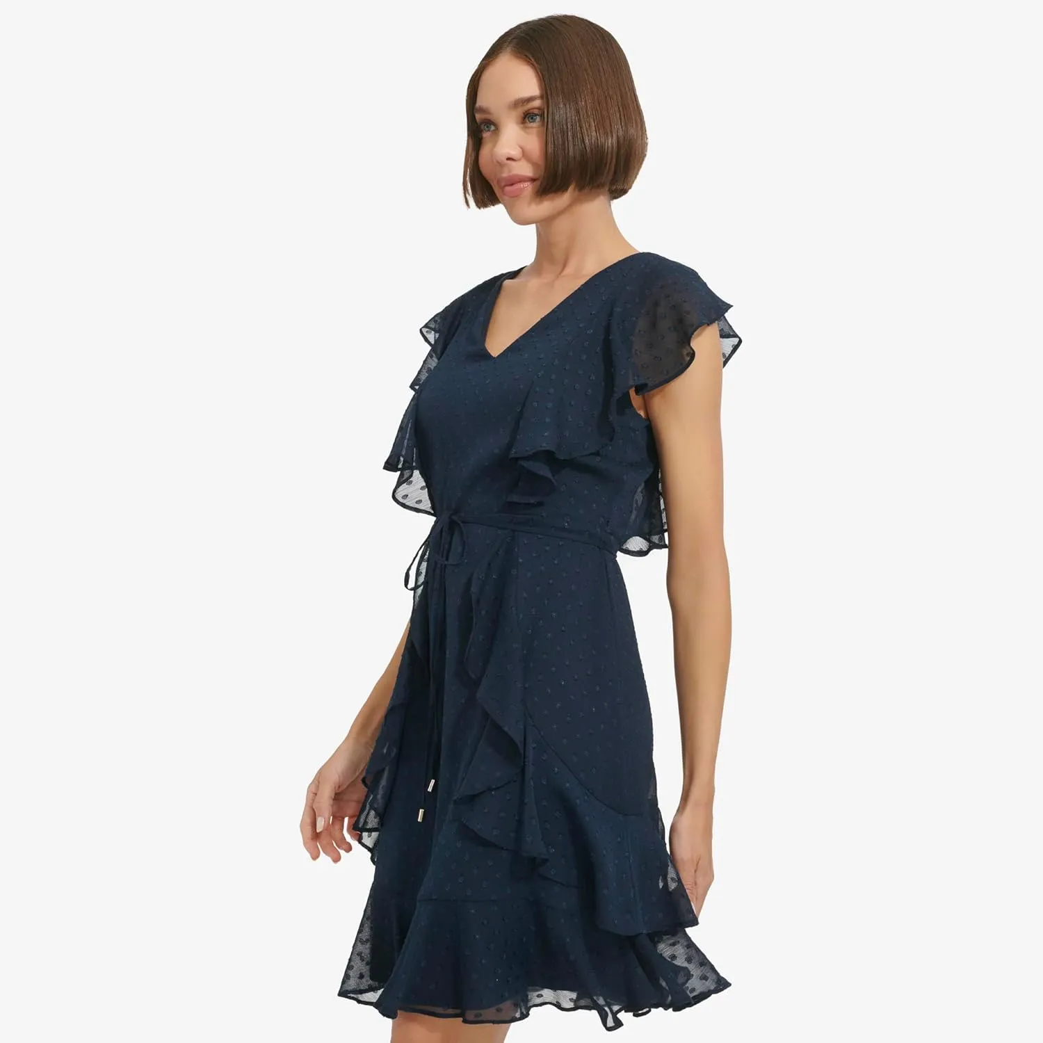 Tommy Hilfiger Women's Fit and Flare Ruffle Sleeve Chiffon Dress