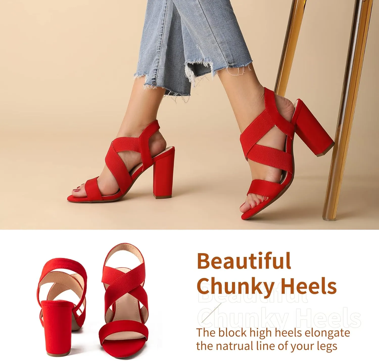 Trary Chunky Heels - Black, Red, Brown Sandals for Women's Homecoming & Prom - Comfortable High Heels with Elastic Ankle Strap