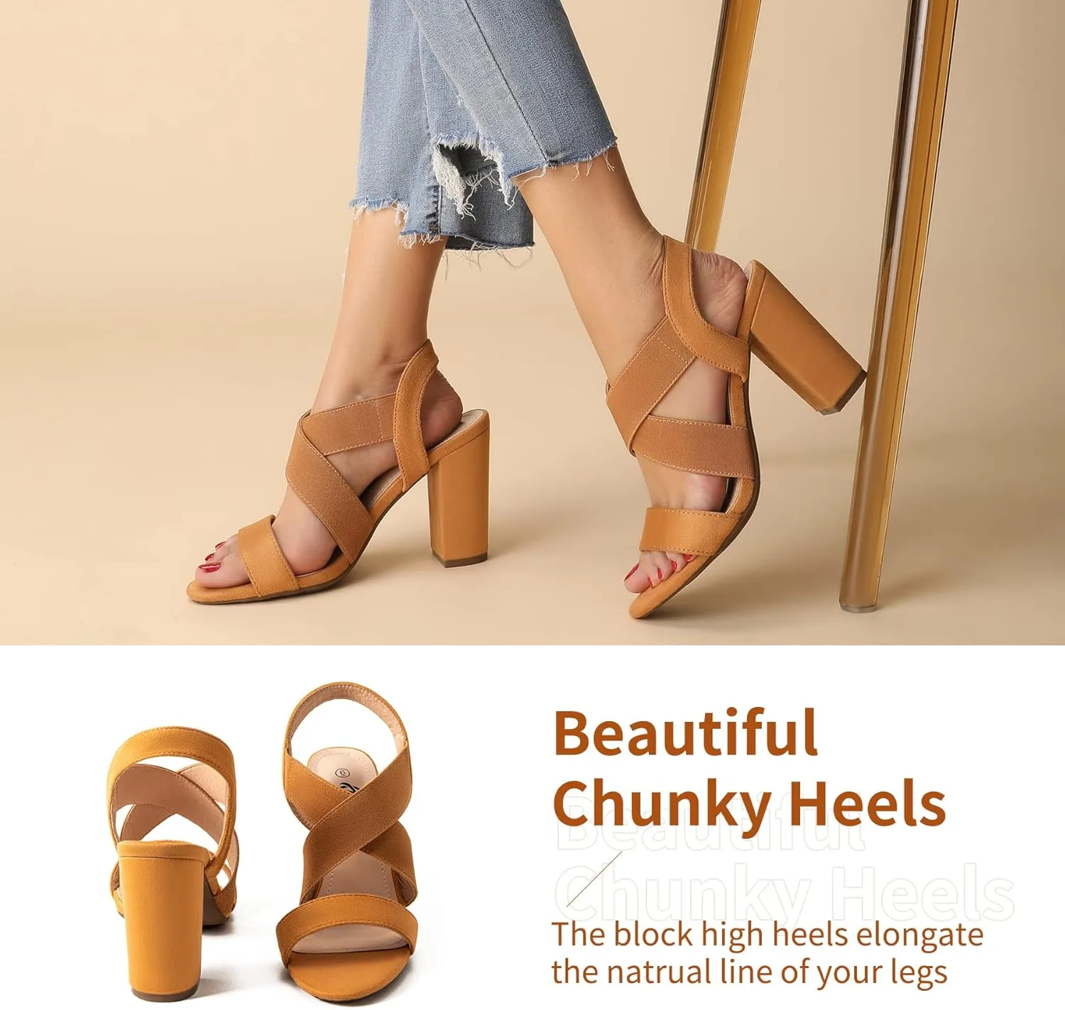Trary Chunky Heels - Black, Red, Brown Sandals for Women's Homecoming & Prom - Comfortable High Heels with Elastic Ankle Strap