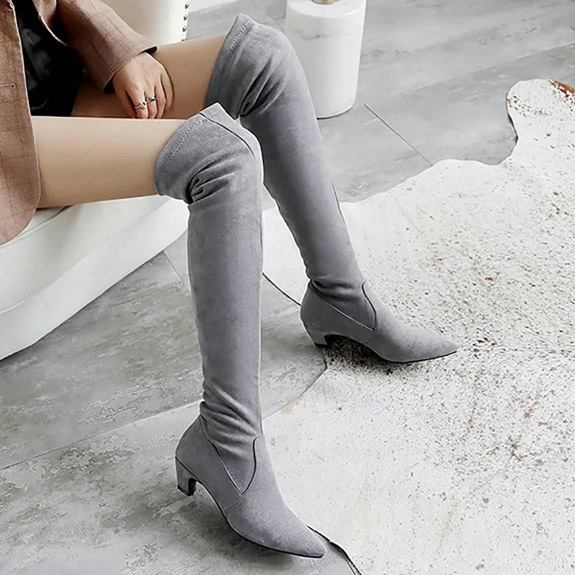 Trendenzy Womens Pointed Toe Kitten Heel Thigh High Boots Faux Suede Stretch Over The Knee Boots