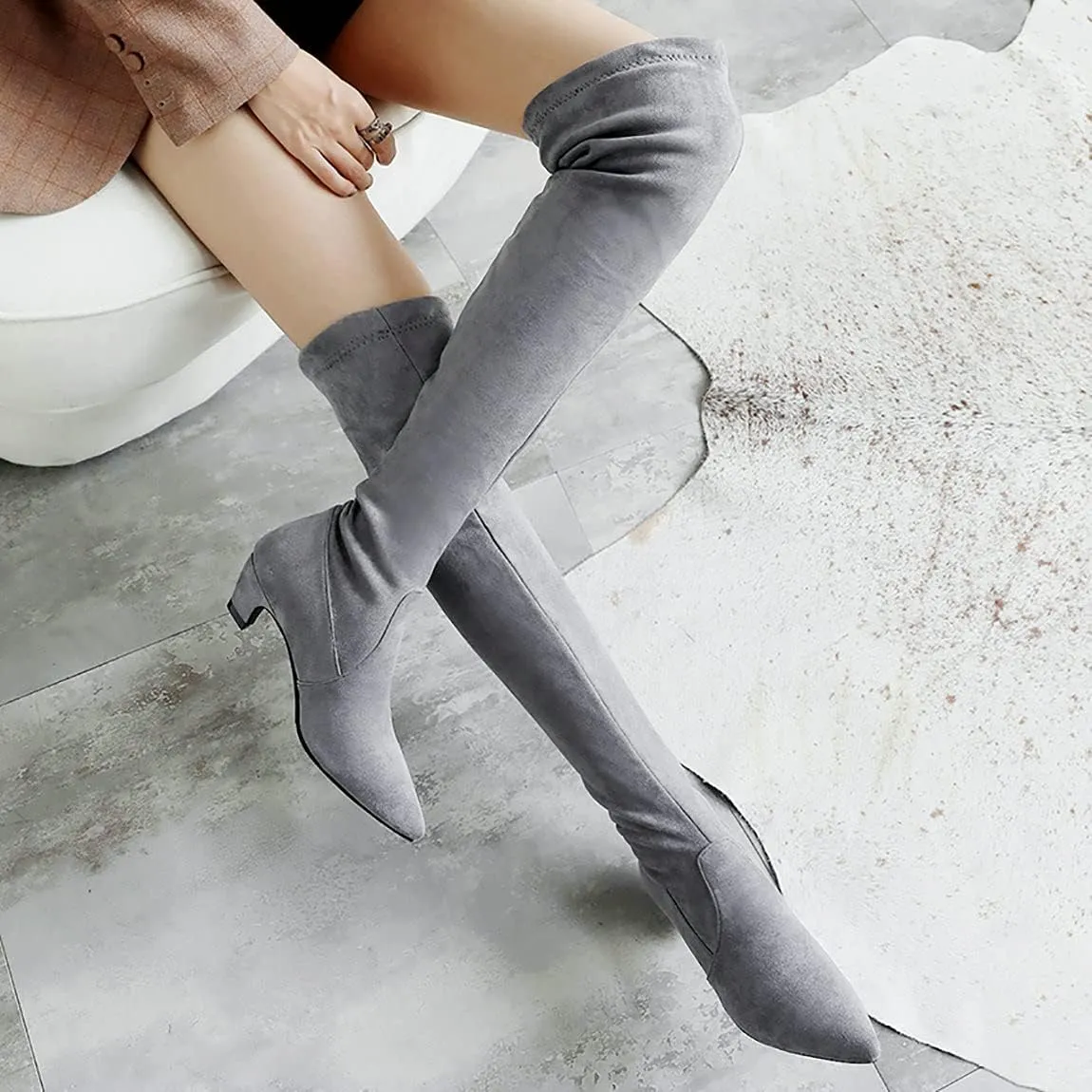 Trendenzy Womens Pointed Toe Kitten Heel Thigh High Boots Faux Suede Stretch Over The Knee Boots