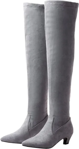 Trendenzy Womens Pointed Toe Kitten Heel Thigh High Boots Faux Suede Stretch Over The Knee Boots