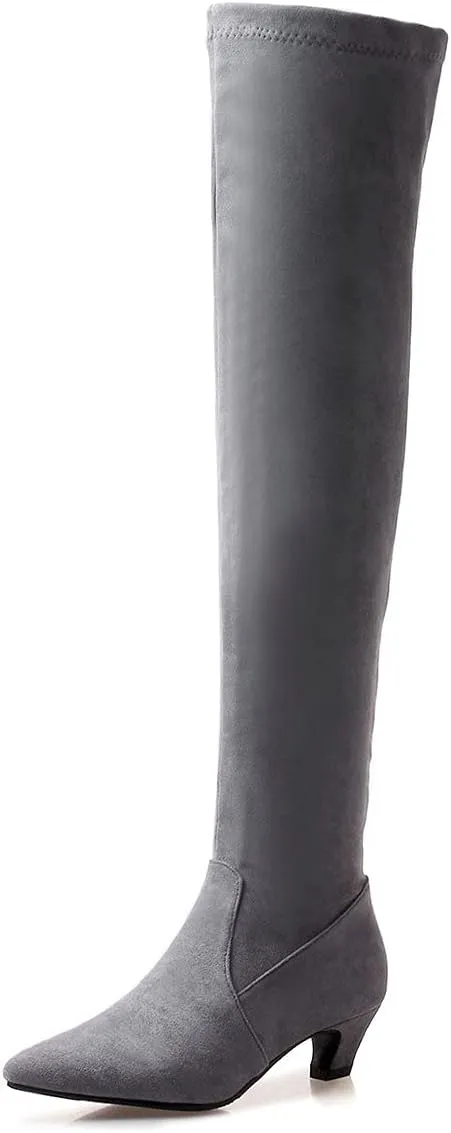 Trendenzy Womens Pointed Toe Kitten Heel Thigh High Boots Faux Suede Stretch Over The Knee Boots